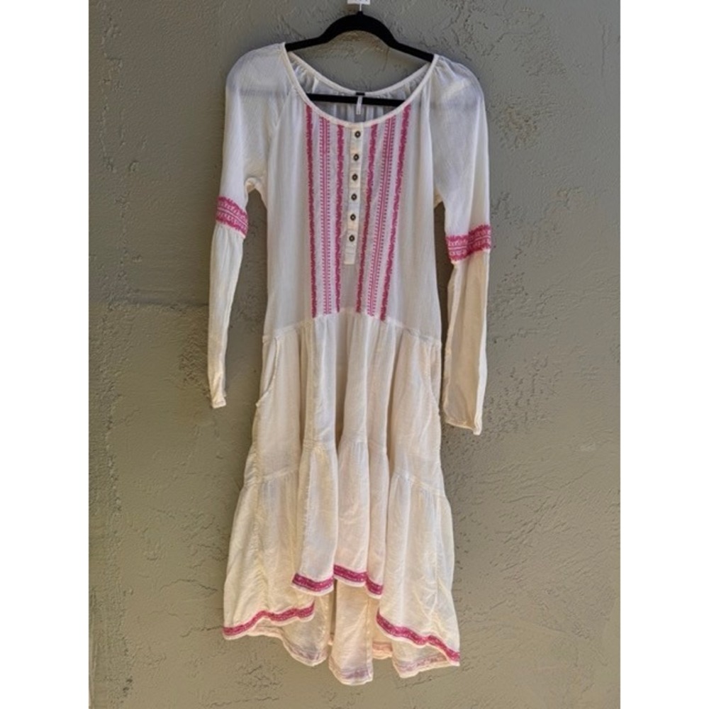 Free People Cream Pink Embroidered Gauze High Low Long Sleeve Midi Dress SMALL - Picture 2 of 10